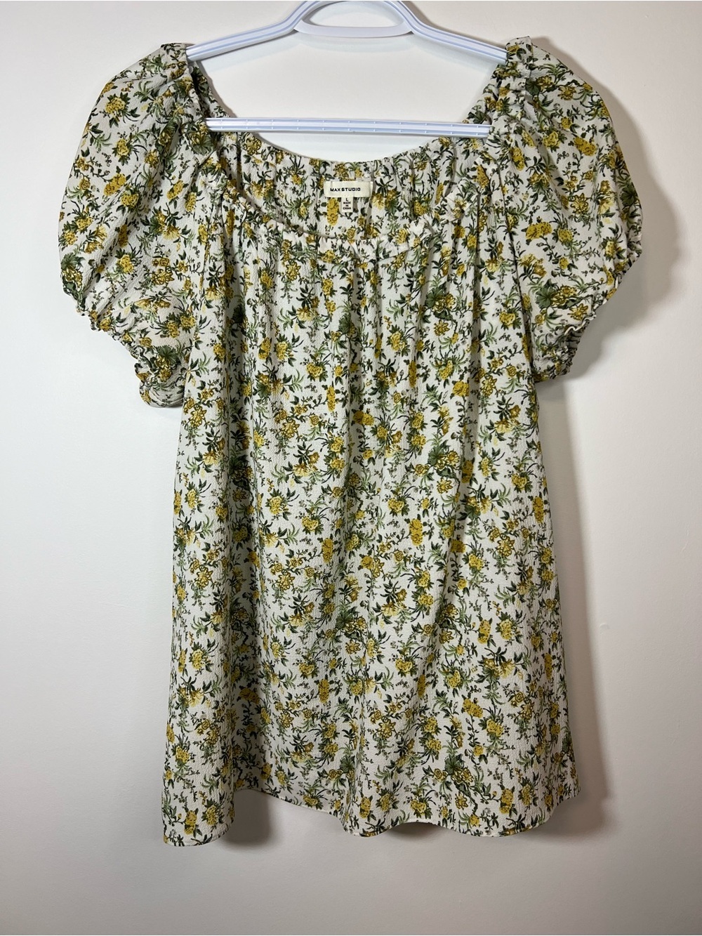 Max Studio White Floral Chic Puff-Sleeve Blouse with Yellow Print Women’s Large